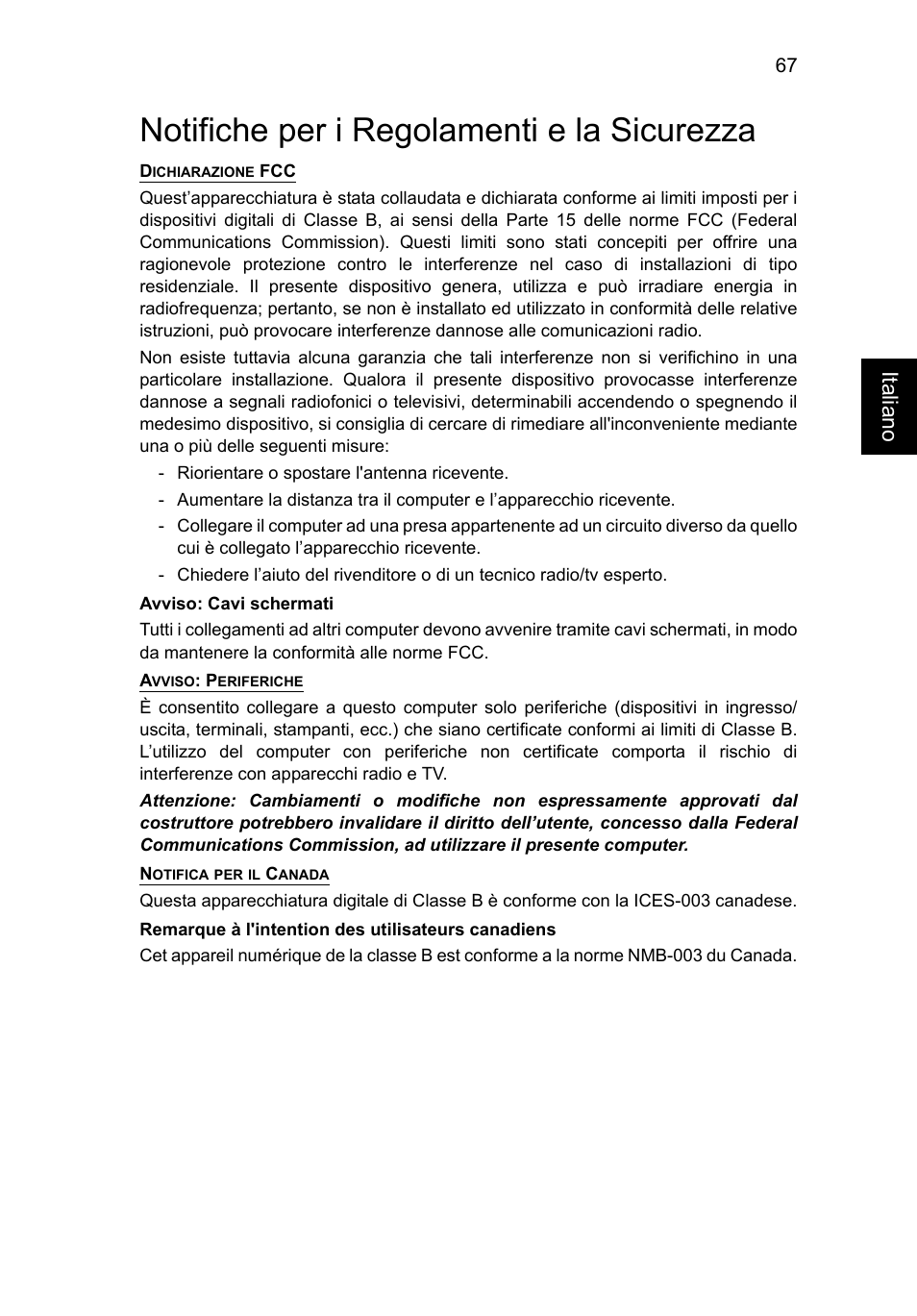 Notifiche per i regolamenti e la sicurezza, Italiano | Acer TravelMate P253-MG User Manual | Page 371 / 2736