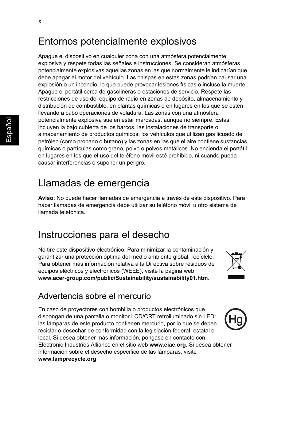 Entornos potencialmente explosivos, Llamadas de emergencia, Instrucciones para el desecho | Acer TravelMate P253-MG User Manual | Page 386 / 2736