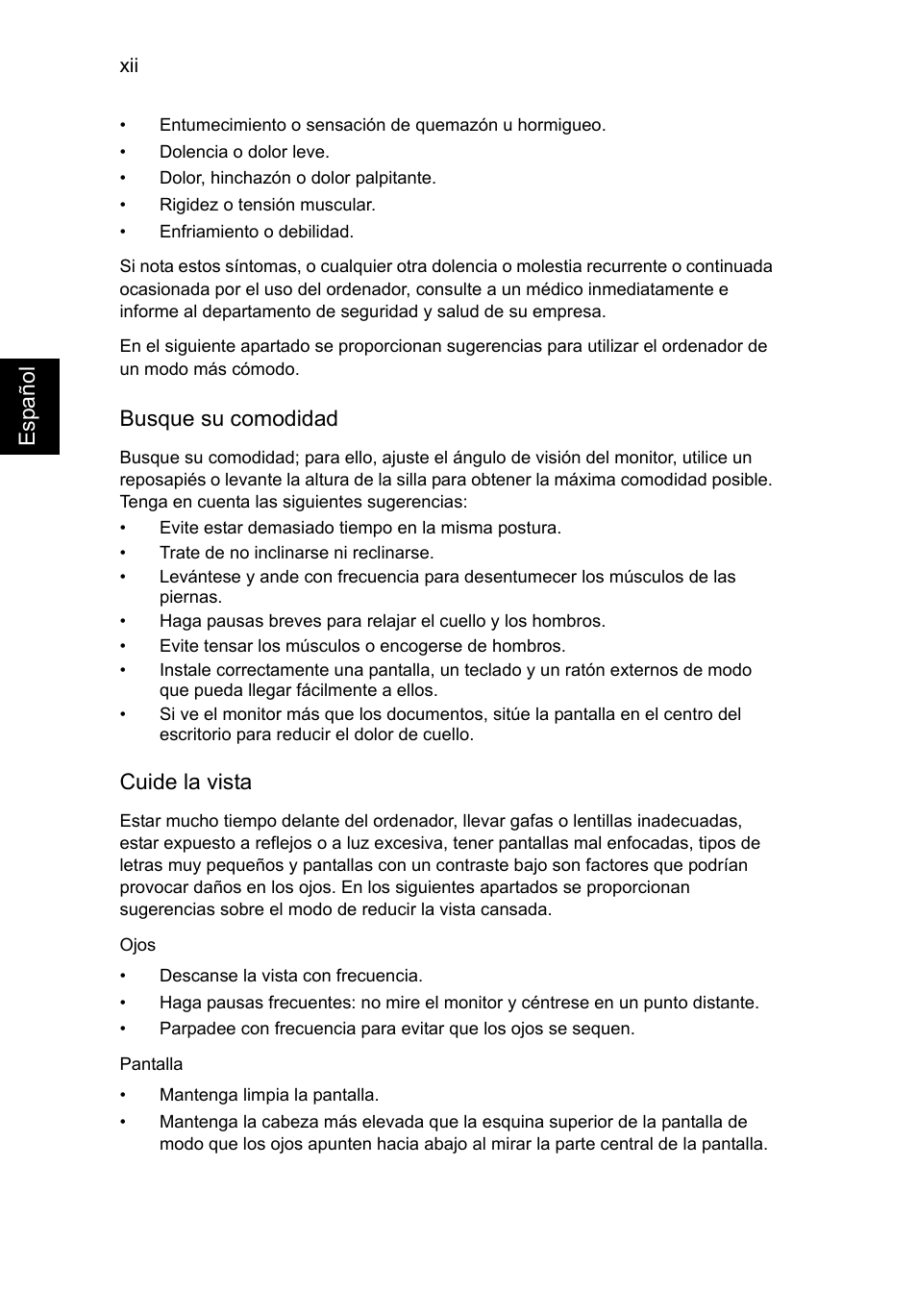 Esp a ñol, Busque su comodidad, Cuide la vista | Acer TravelMate P253-MG User Manual | Page 388 / 2736