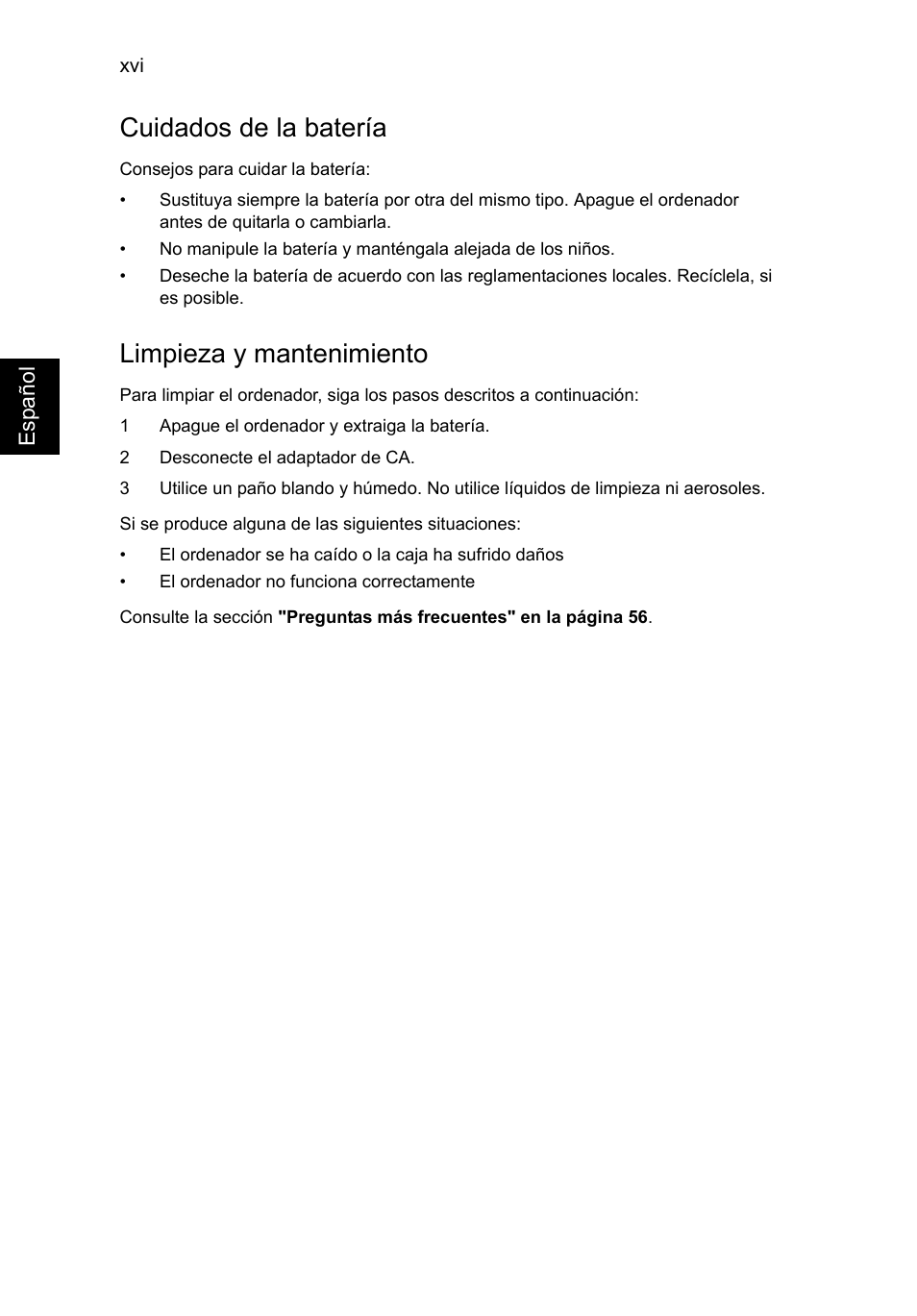 Cuidados de la batería, Limpieza y mantenimiento | Acer TravelMate P253-MG User Manual | Page 392 / 2736