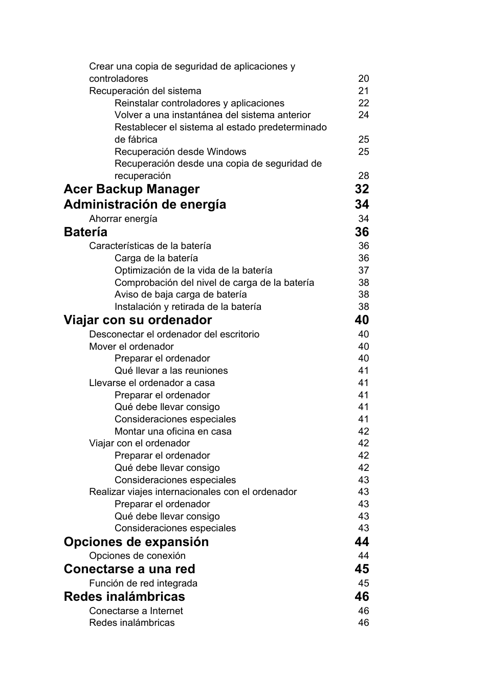 Batería 36, Viajar con su ordenador 40, Opciones de expansión 44 | Conectarse a una red 45, Redes inalámbricas 46 | Acer TravelMate P253-MG User Manual | Page 394 / 2736