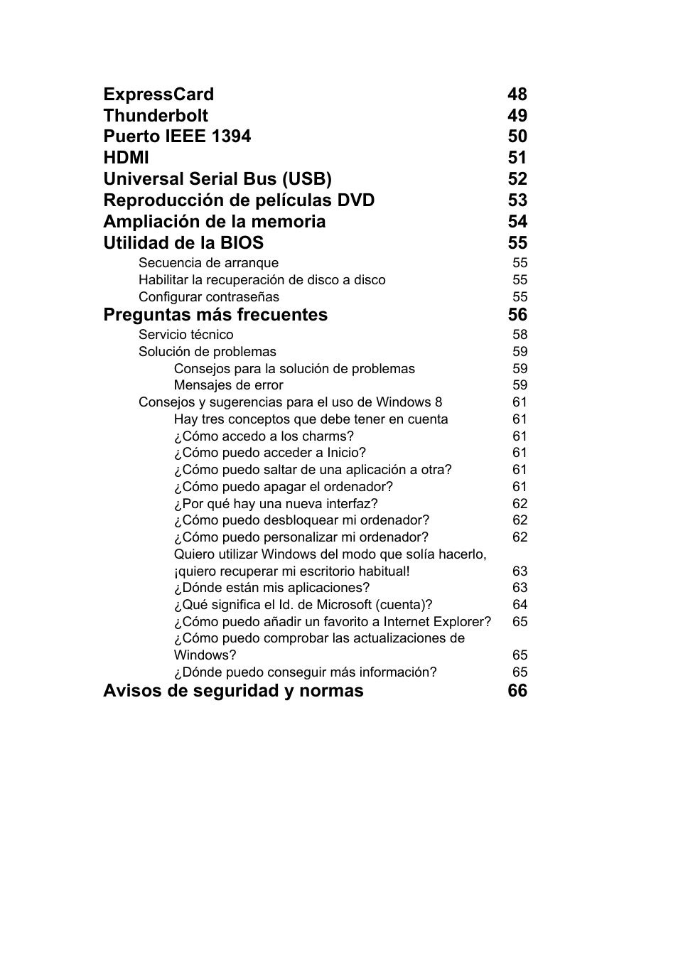 Preguntas más frecuentes 56, Avisos de seguridad y normas 66 | Acer TravelMate P253-MG User Manual | Page 395 / 2736
