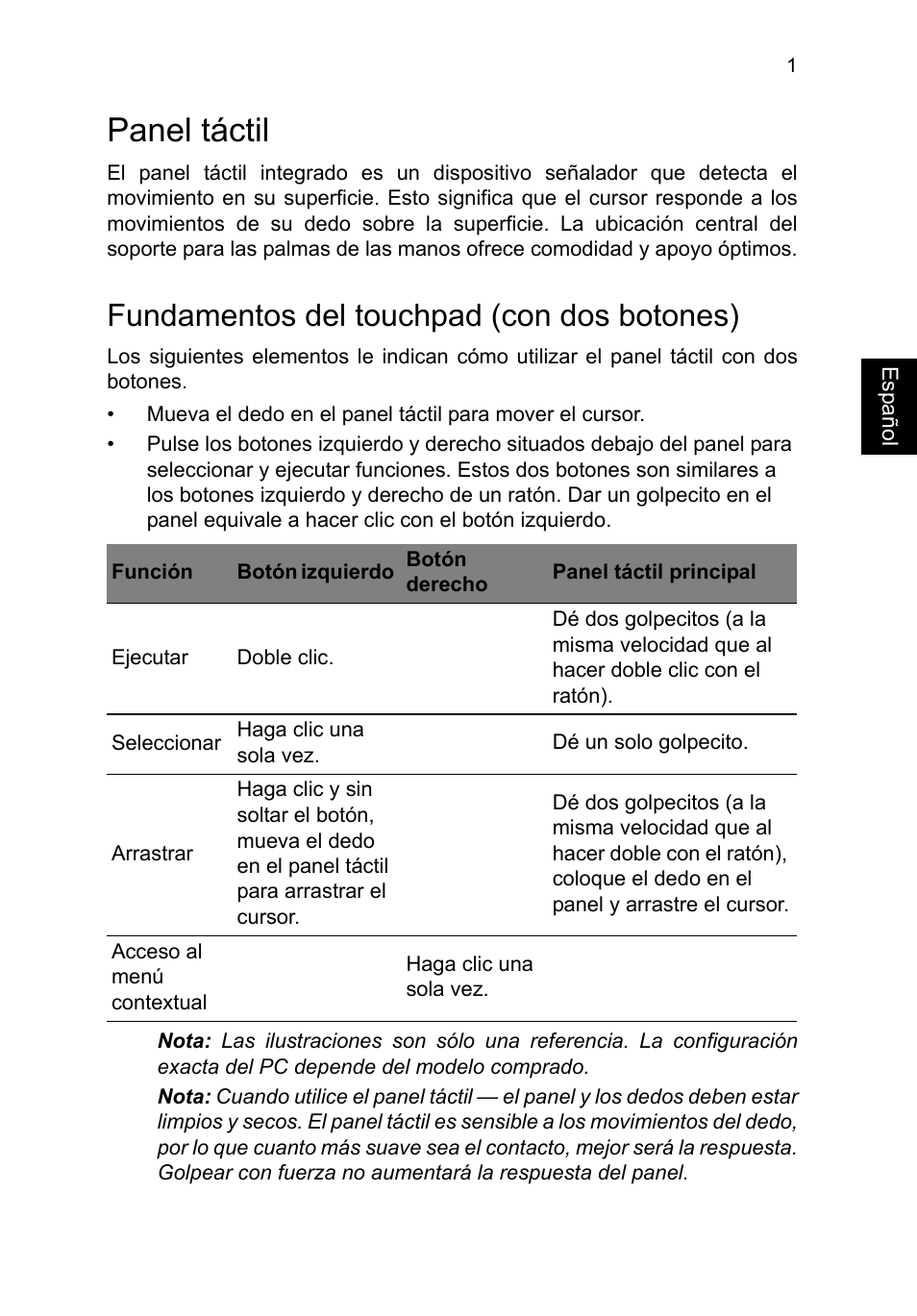 Panel táctil, Fundamentos del touchpad (con dos botones) | Acer TravelMate P253-MG User Manual | Page 397 / 2736