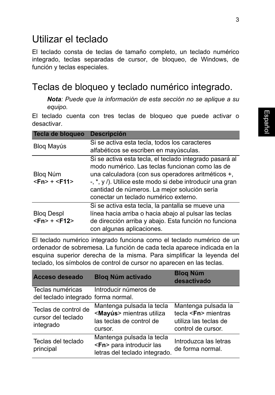 Utilizar el teclado, Teclas de bloqueo y teclado numérico integrado | Acer TravelMate P253-MG User Manual | Page 399 / 2736