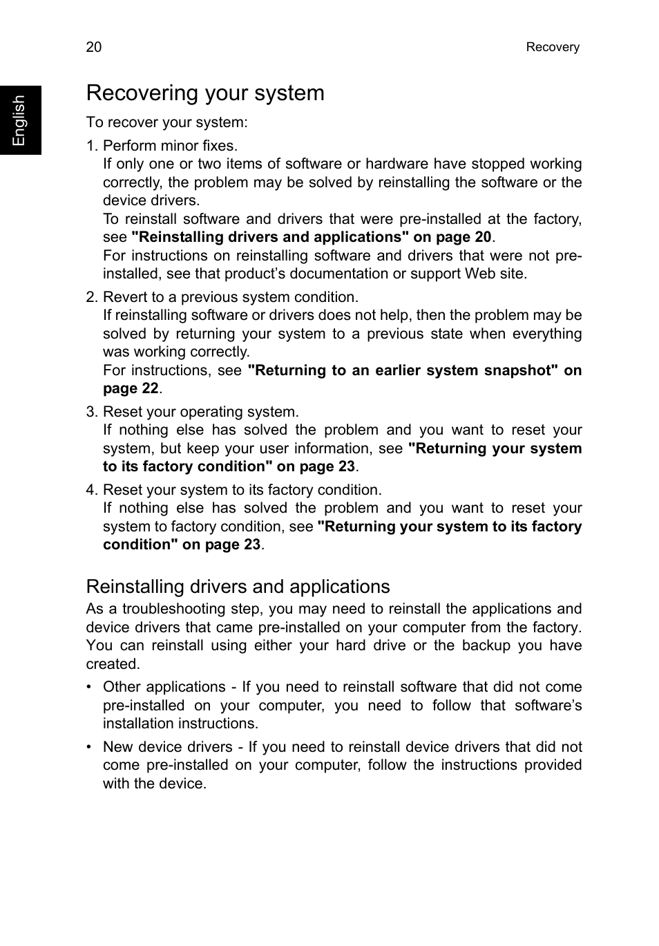 Recovering your system, Reinstalling drivers and applications | Acer TravelMate P253-MG User Manual | Page 40 / 2736