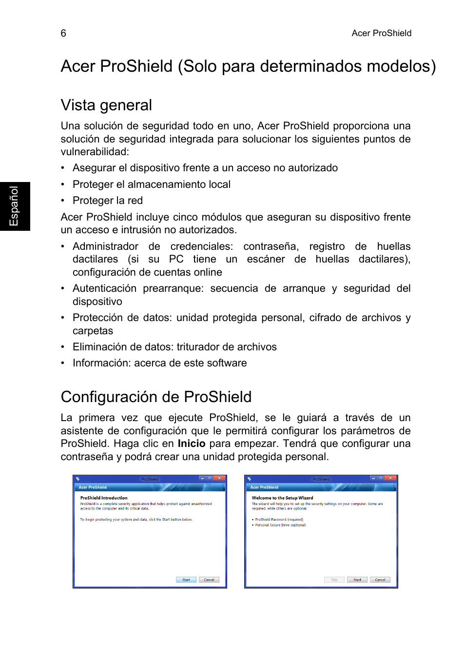 Acer proshield, Vista general, Configuración de proshield | Acer proshield (solo para determinados modelos) | Acer TravelMate P253-MG User Manual | Page 402 / 2736