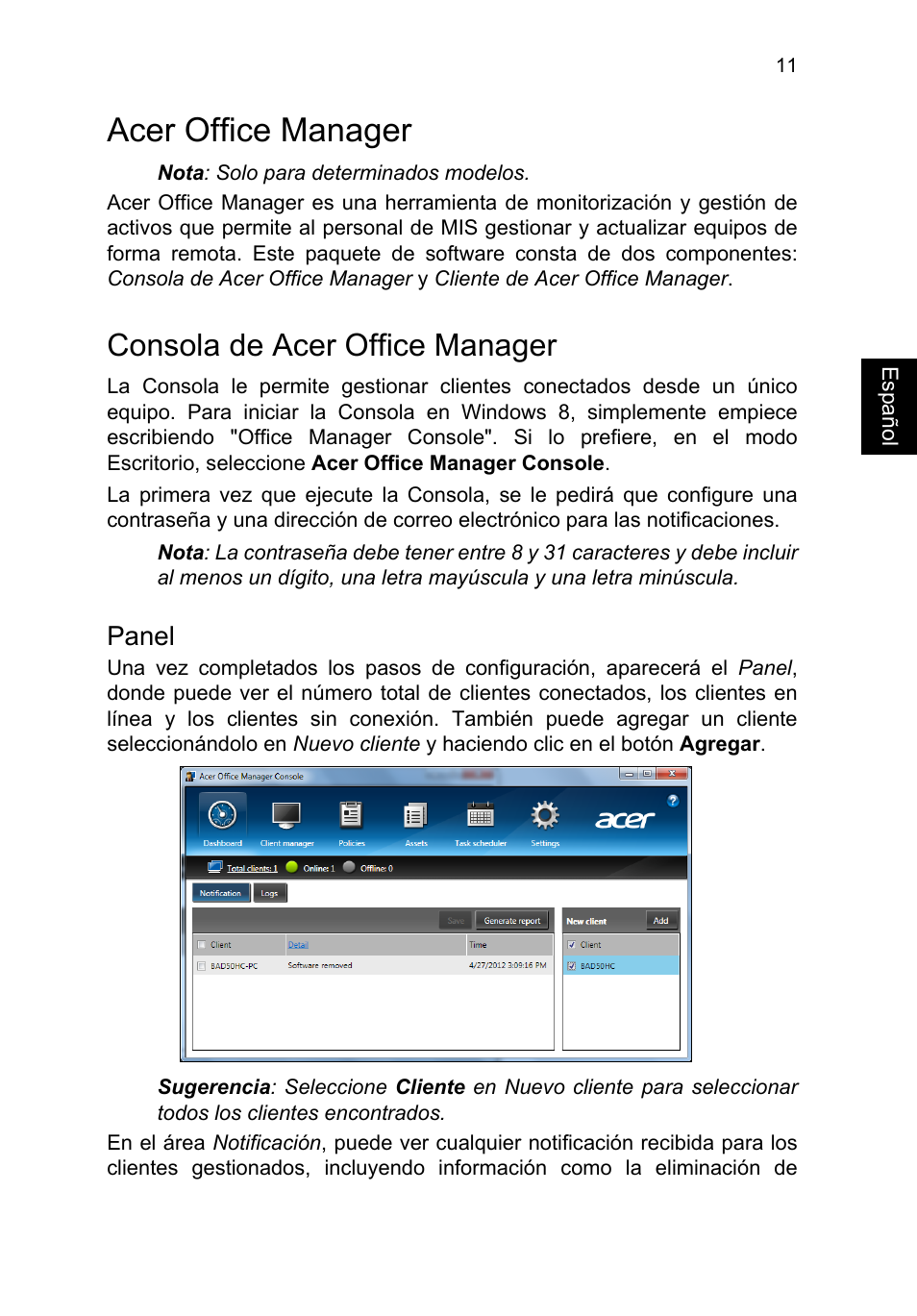 Acer office manager, Consola de acer office manager, Panel | Acer TravelMate P253-MG User Manual | Page 407 / 2736