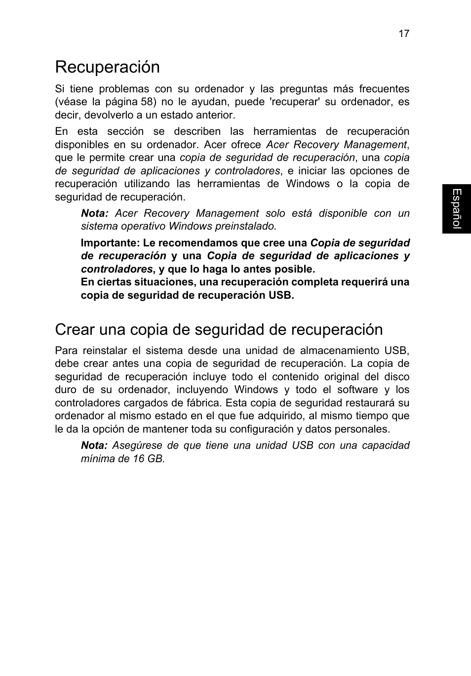 Recuperación, Crear una copia de seguridad de recuperación | Acer TravelMate P253-MG User Manual | Page 413 / 2736