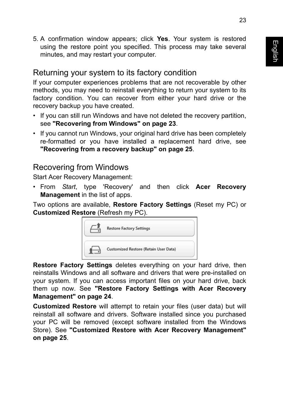 Returning your system to its factory condition, Recovering from windows | Acer TravelMate P253-MG User Manual | Page 43 / 2736