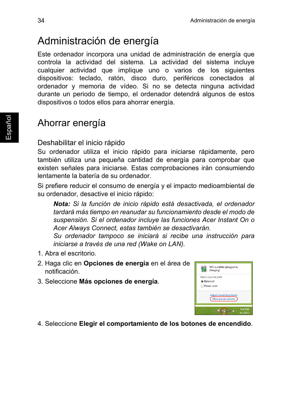 Administración de energía, Ahorrar energía | Acer TravelMate P253-MG User Manual | Page 430 / 2736