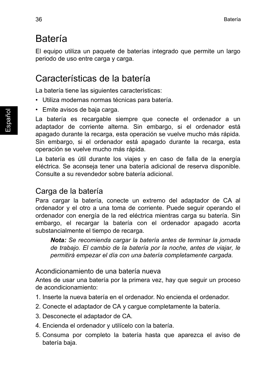 Batería, Características de la batería, Carga de la batería | Acer TravelMate P253-MG User Manual | Page 432 / 2736