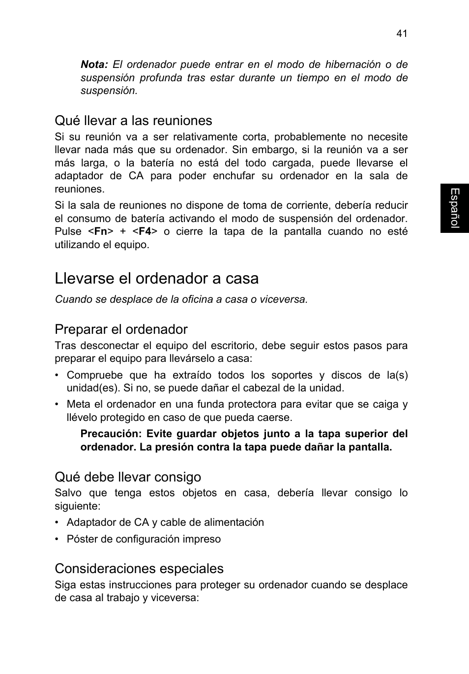 Qué llevar a las reuniones, Llevarse el ordenador a casa, Preparar el ordenador | Qué debe llevar consigo, Consideraciones especiales | Acer TravelMate P253-MG User Manual | Page 437 / 2736