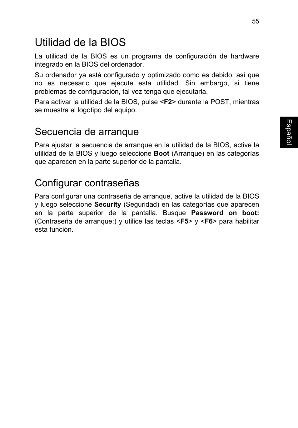 Utilidad de la bios, Secuencia de arranque, Configurar contraseñas | Habilitar la recuperación de disco a disco | Acer TravelMate P253-MG User Manual | Page 451 / 2736