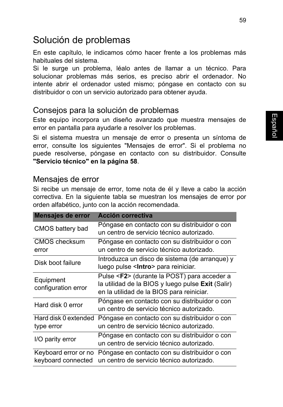 Solución de problemas, Consejos para la solución de problemas, Mensajes de error | Acer TravelMate P253-MG User Manual | Page 455 / 2736