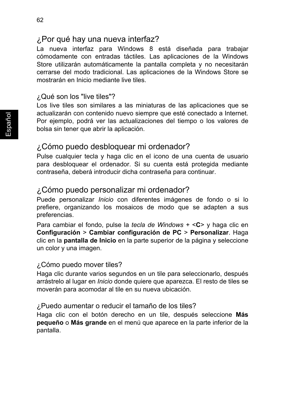 Por qué hay una nueva interfaz, Cómo puedo desbloquear mi ordenador, Cómo puedo personalizar mi ordenador | Acer TravelMate P253-MG User Manual | Page 458 / 2736