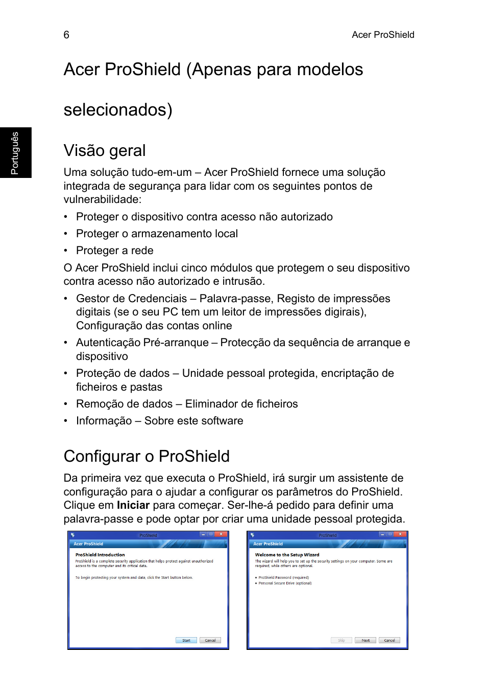 Acer proshield, Visão geral, Configurar o proshield | Acer proshield (apenas para modelos selecionados) | Acer TravelMate P253-MG User Manual | Page 494 / 2736