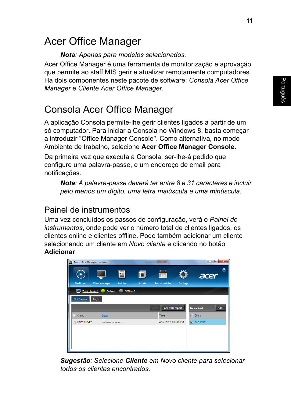 Acer office manager, Consola acer office manager, Painel de instrumentos | Acer TravelMate P253-MG User Manual | Page 499 / 2736