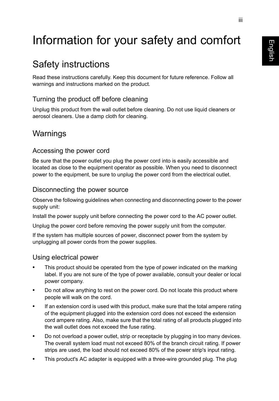 Information for your safety and comfort, Safety instructions, Warnings | Acer TravelMate P253-MG User Manual | Page 5 / 2736