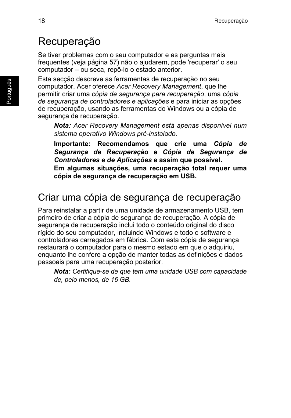 Recuperação, Criar uma cópia de segurança de recuperação | Acer TravelMate P253-MG User Manual | Page 506 / 2736