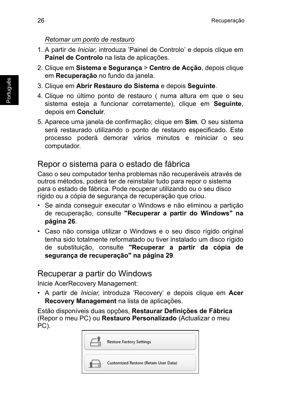 Repor o sistema para o estado de fábrica, Recuperar a partir do windows | Acer TravelMate P253-MG User Manual | Page 514 / 2736