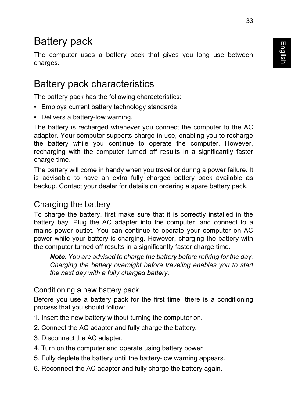 Battery pack, Battery pack characteristics, Charging the battery | Acer TravelMate P253-MG User Manual | Page 53 / 2736