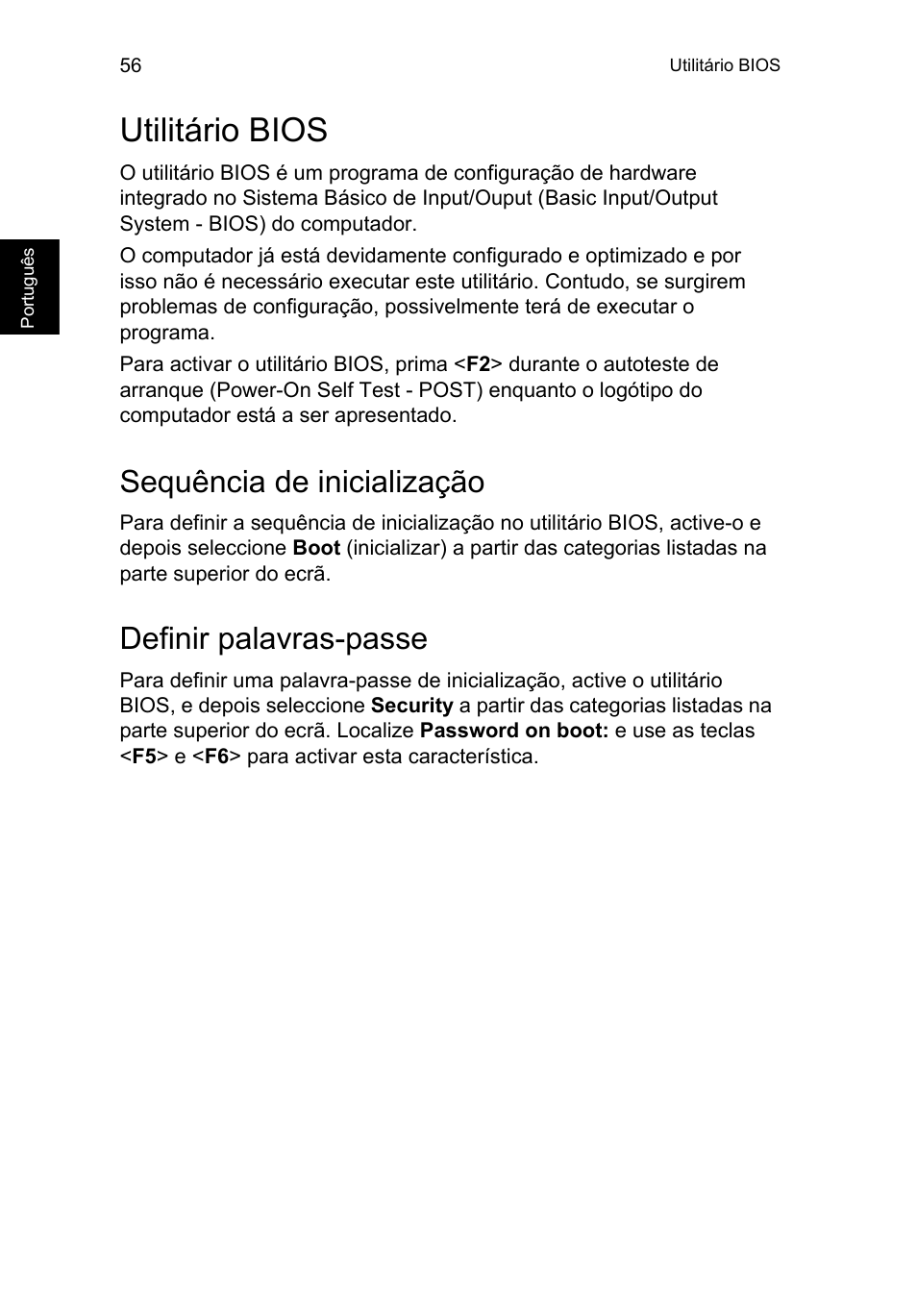 Utilitário bios, Sequência de inicialização, Definir palavras-passe | Activar recuperação disco-a-disco | Acer TravelMate P253-MG User Manual | Page 544 / 2736