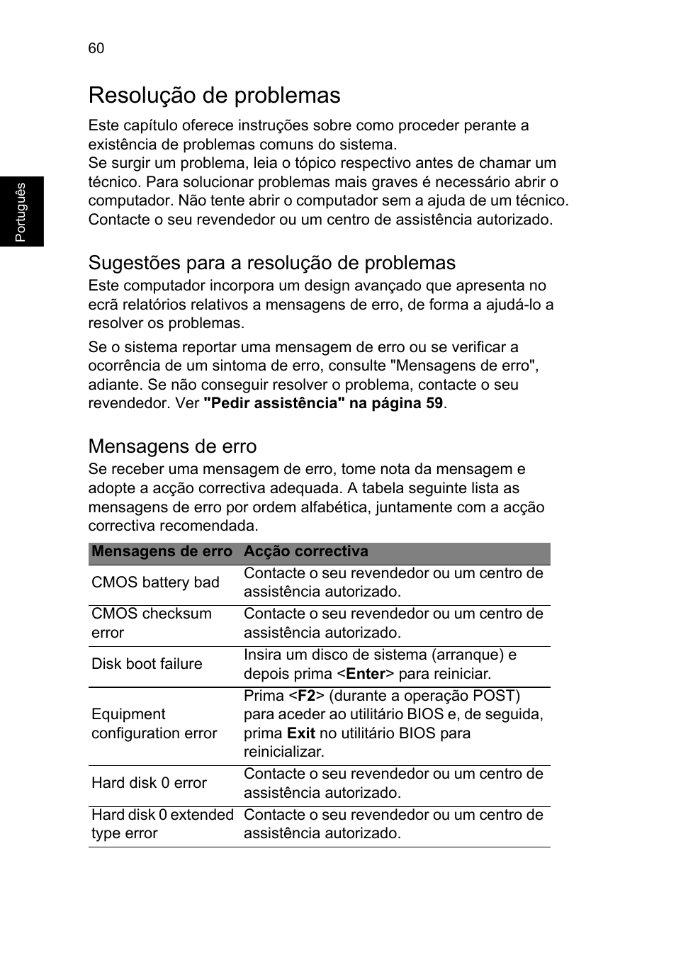 Resolução de problemas, Sugestões para a resolução de problemas, Mensagens de erro | Acer TravelMate P253-MG User Manual | Page 548 / 2736