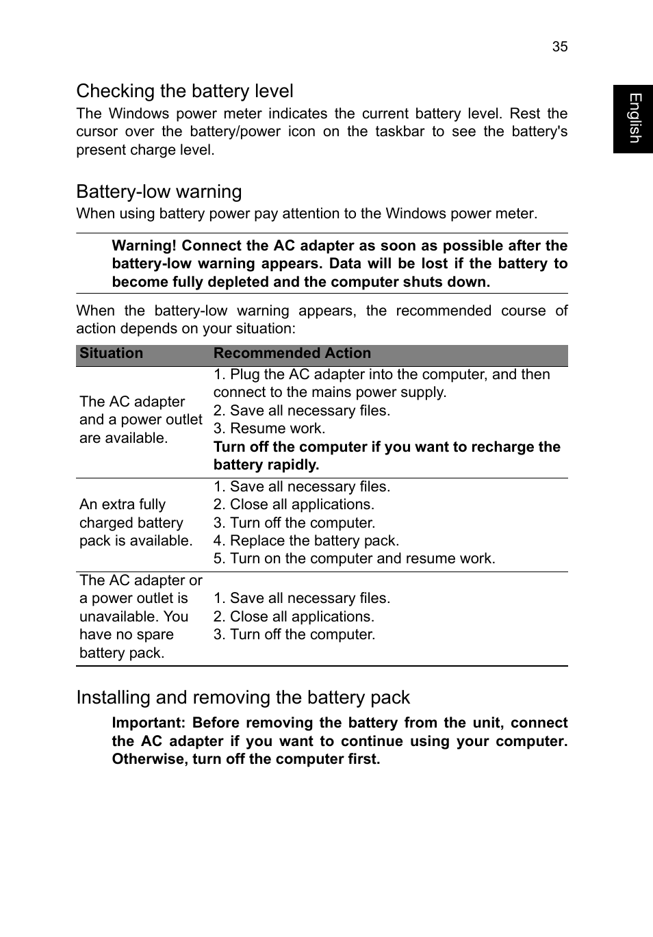 Checking the battery level, Battery-low warning, Installing and removing the battery pack | Acer TravelMate P253-MG User Manual | Page 55 / 2736