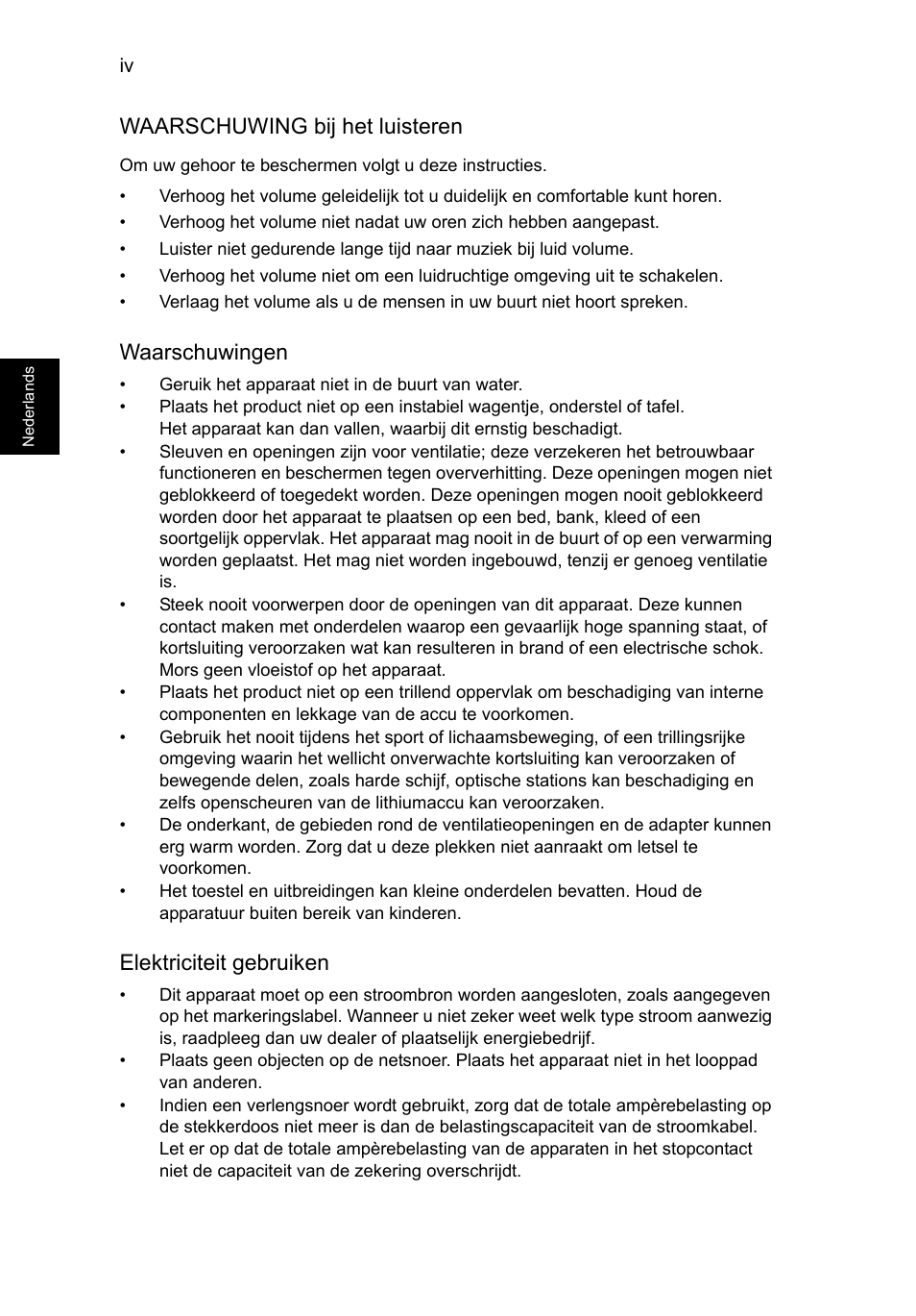 Waarschuwing bij het luisteren, Waarschuwingen, Elektriciteit gebruiken | Acer TravelMate P253-MG User Manual | Page 564 / 2736