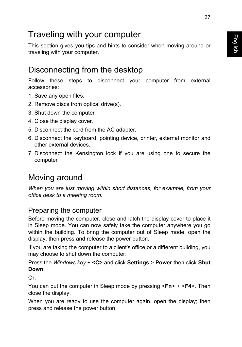 Traveling with your computer, Disconnecting from the desktop, Moving around | Preparing the computer | Acer TravelMate P253-MG User Manual | Page 57 / 2736