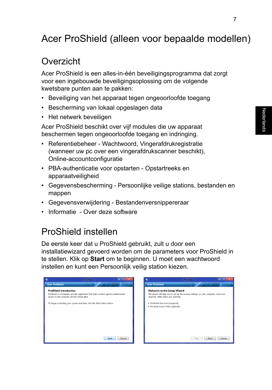 Acer proshield, Overzicht, Proshield instellen | Acer proshield (alleen voor bepaalde modellen) | Acer TravelMate P253-MG User Manual | Page 587 / 2736