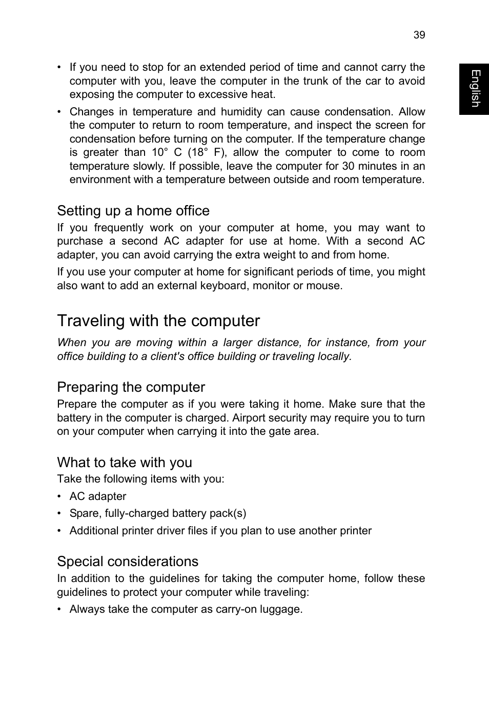 Setting up a home office, Traveling with the computer, Preparing the computer | What to take with you, Special considerations | Acer TravelMate P253-MG User Manual | Page 59 / 2736