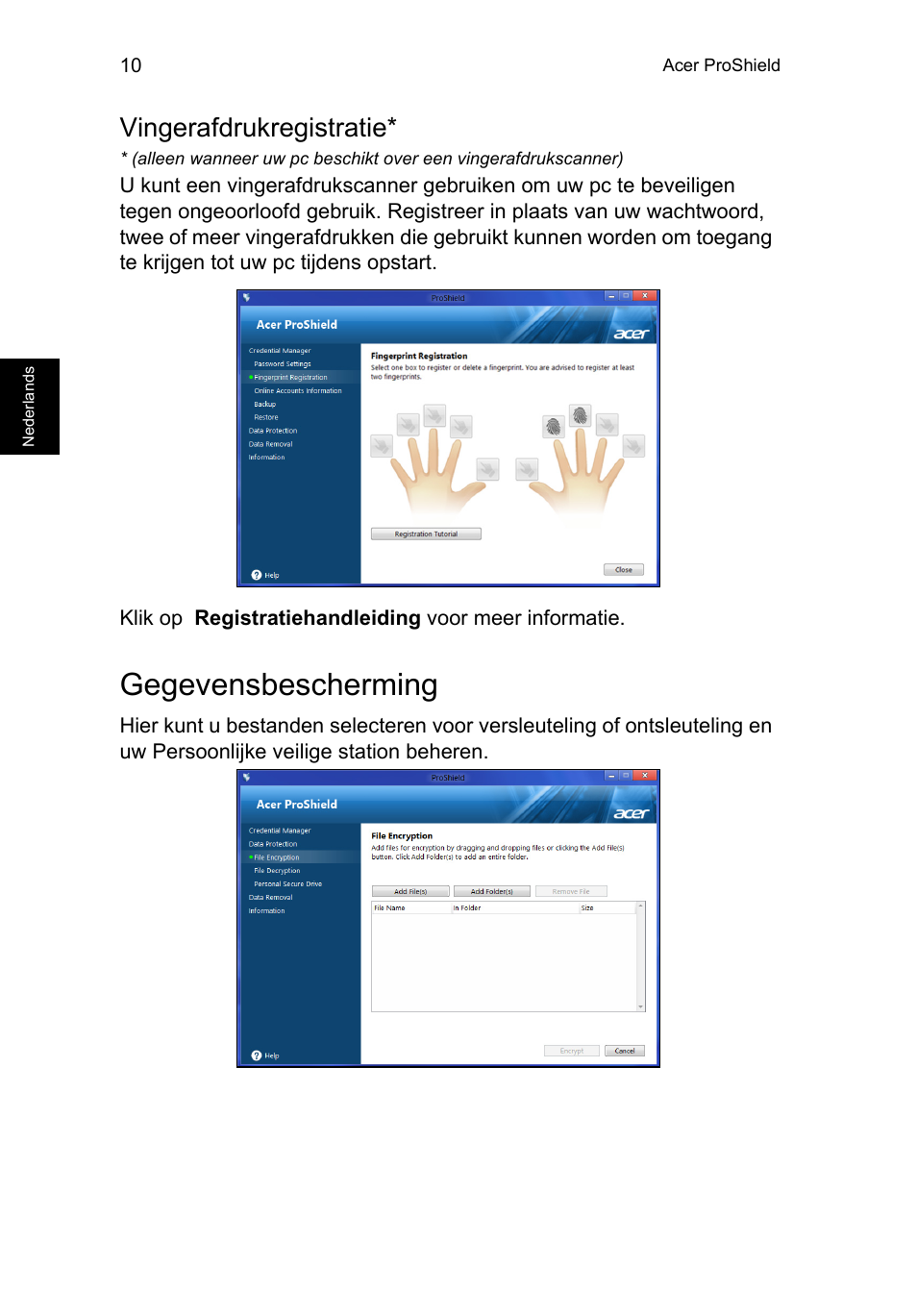 Vingerafdrukregistratie, Gegevensbescherming | Acer TravelMate P253-MG User Manual | Page 590 / 2736