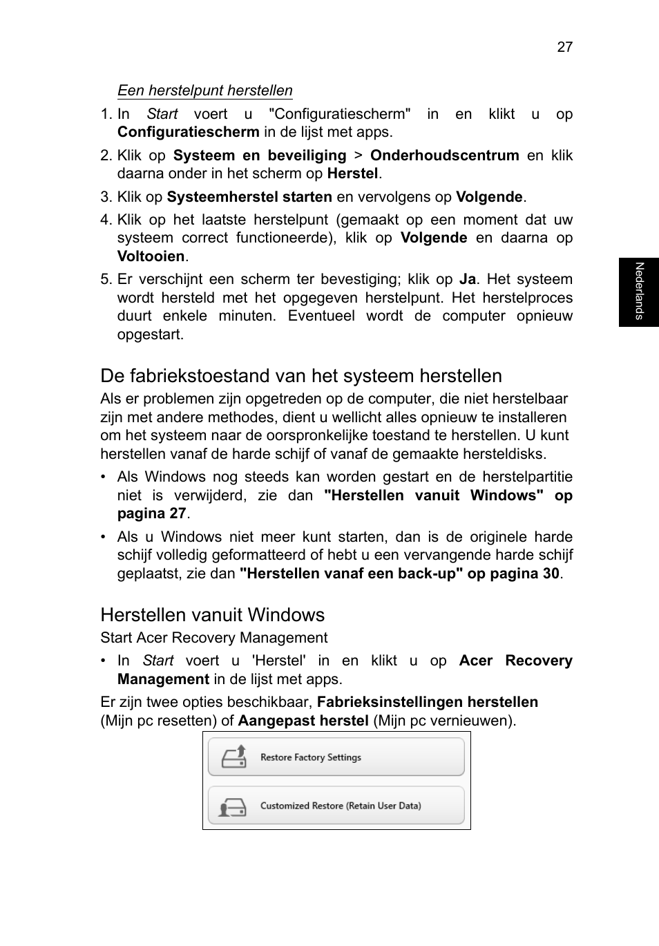 De fabriekstoestand van het systeem herstellen, Herstellen vanuit windows | Acer TravelMate P253-MG User Manual | Page 607 / 2736