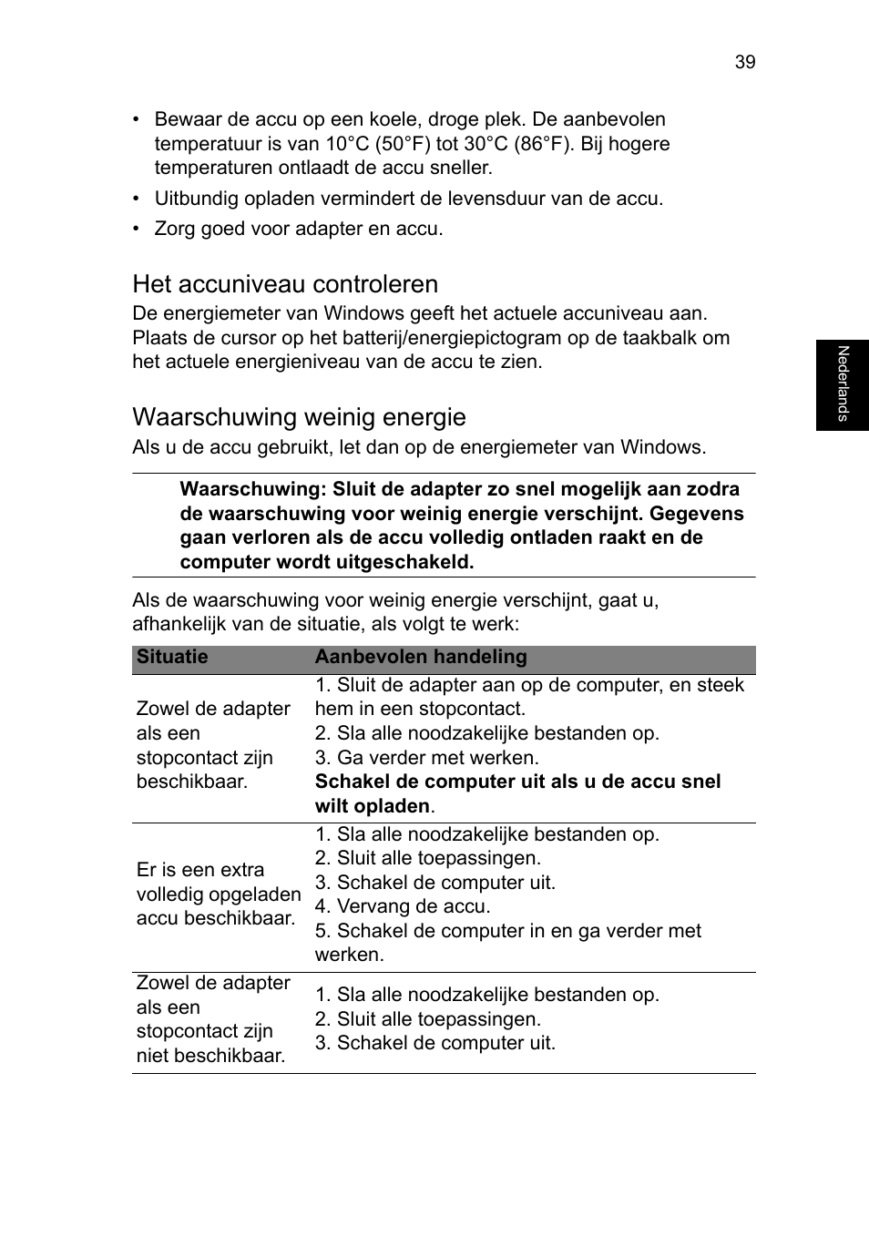 Het accuniveau controleren, Waarschuwing weinig energie | Acer TravelMate P253-MG User Manual | Page 619 / 2736