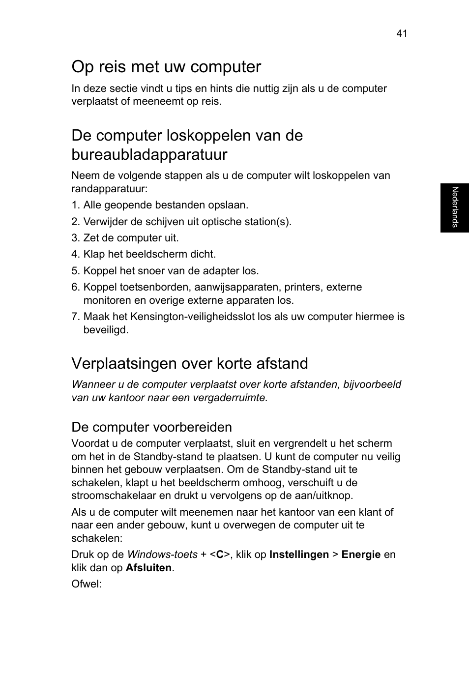 Op reis met uw computer, Verplaatsingen over korte afstand, De computer voorbereiden | Acer TravelMate P253-MG User Manual | Page 621 / 2736