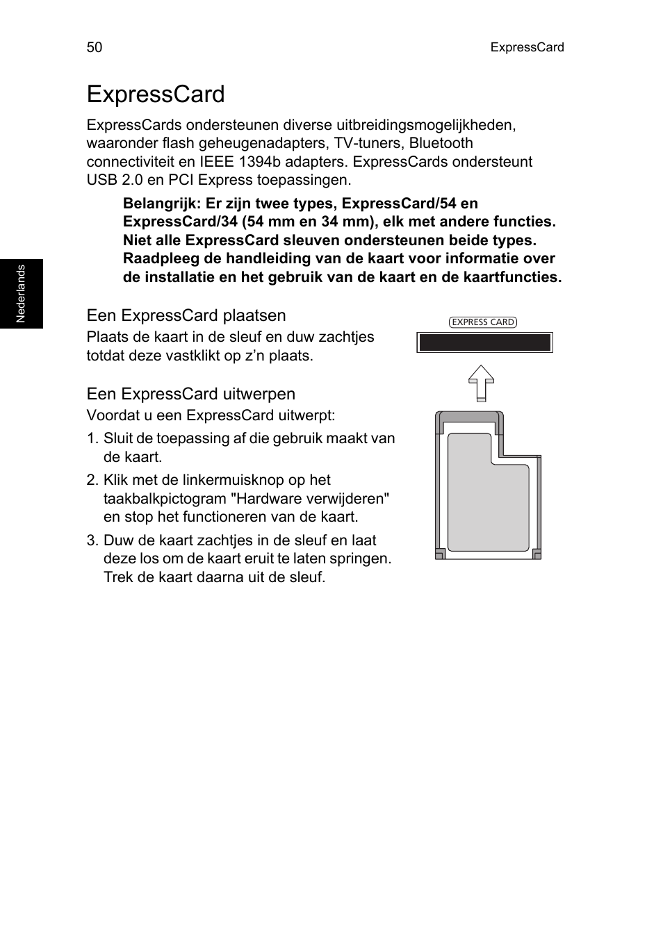 Expresscard, Expresscard 50, Een expresscard plaatsen | Een expresscard uitwerpen | Acer TravelMate P253-MG User Manual | Page 630 / 2736