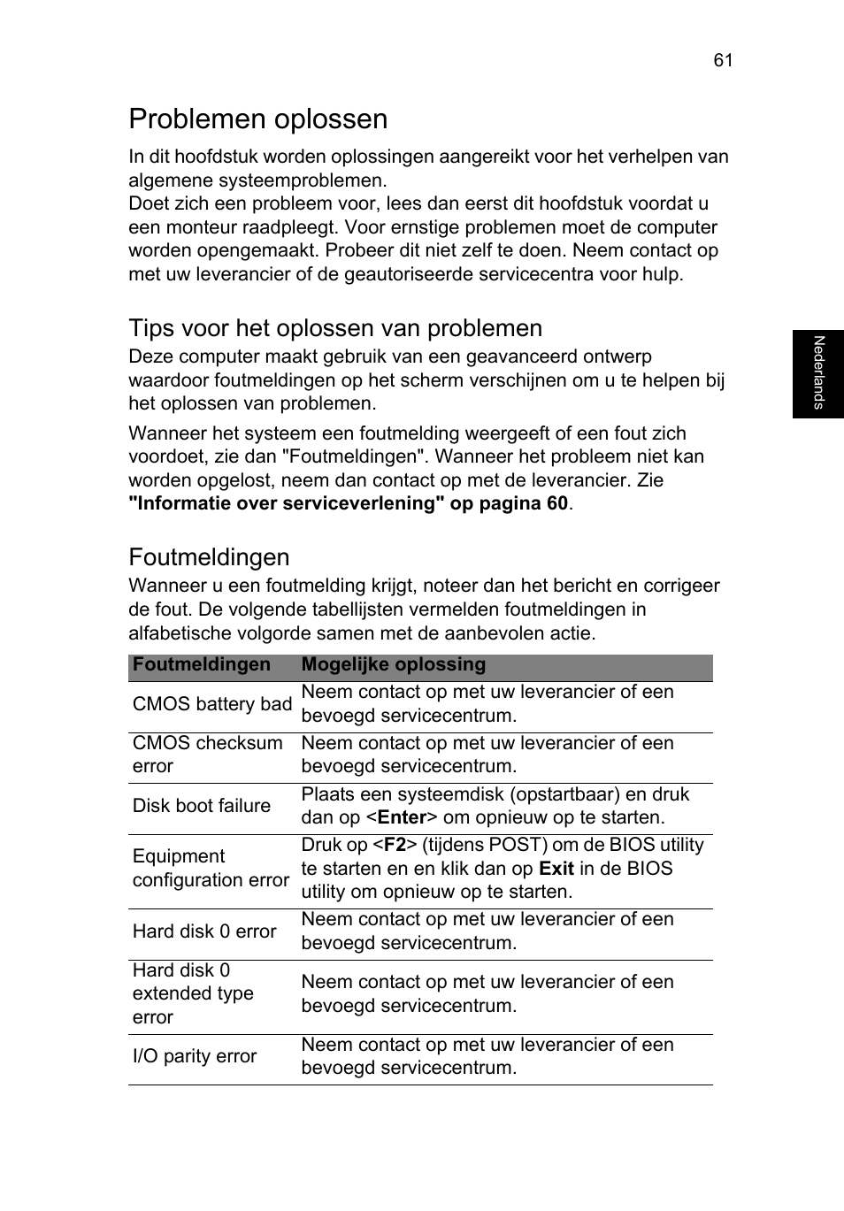 Problemen oplossen, Tips voor het oplossen van problemen, Foutmeldingen | Acer TravelMate P253-MG User Manual | Page 641 / 2736