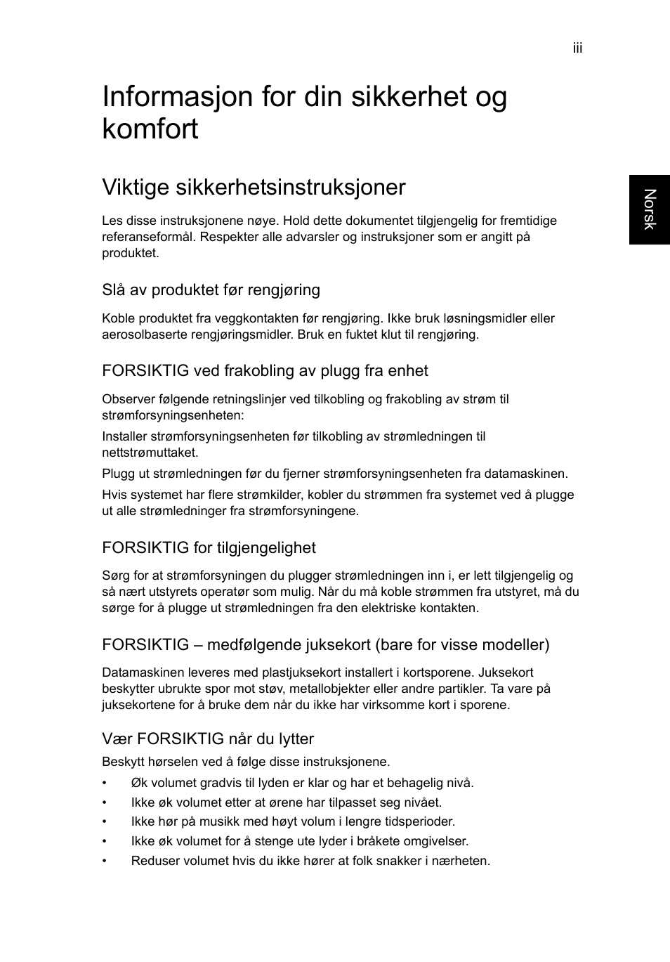 Informasjon for din sikkerhet og komfort, Viktige sikkerhetsinstruksjoner | Acer TravelMate P253-MG User Manual | Page 657 / 2736