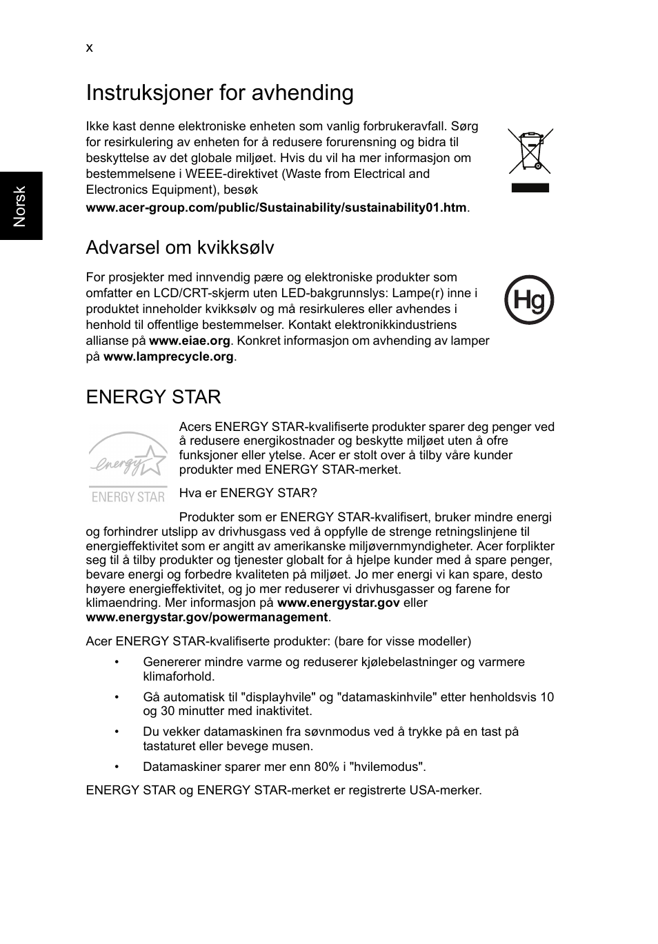 Instruksjoner for avhending, Advarsel om kvikksølv, Energy star | Acer TravelMate P253-MG User Manual | Page 664 / 2736