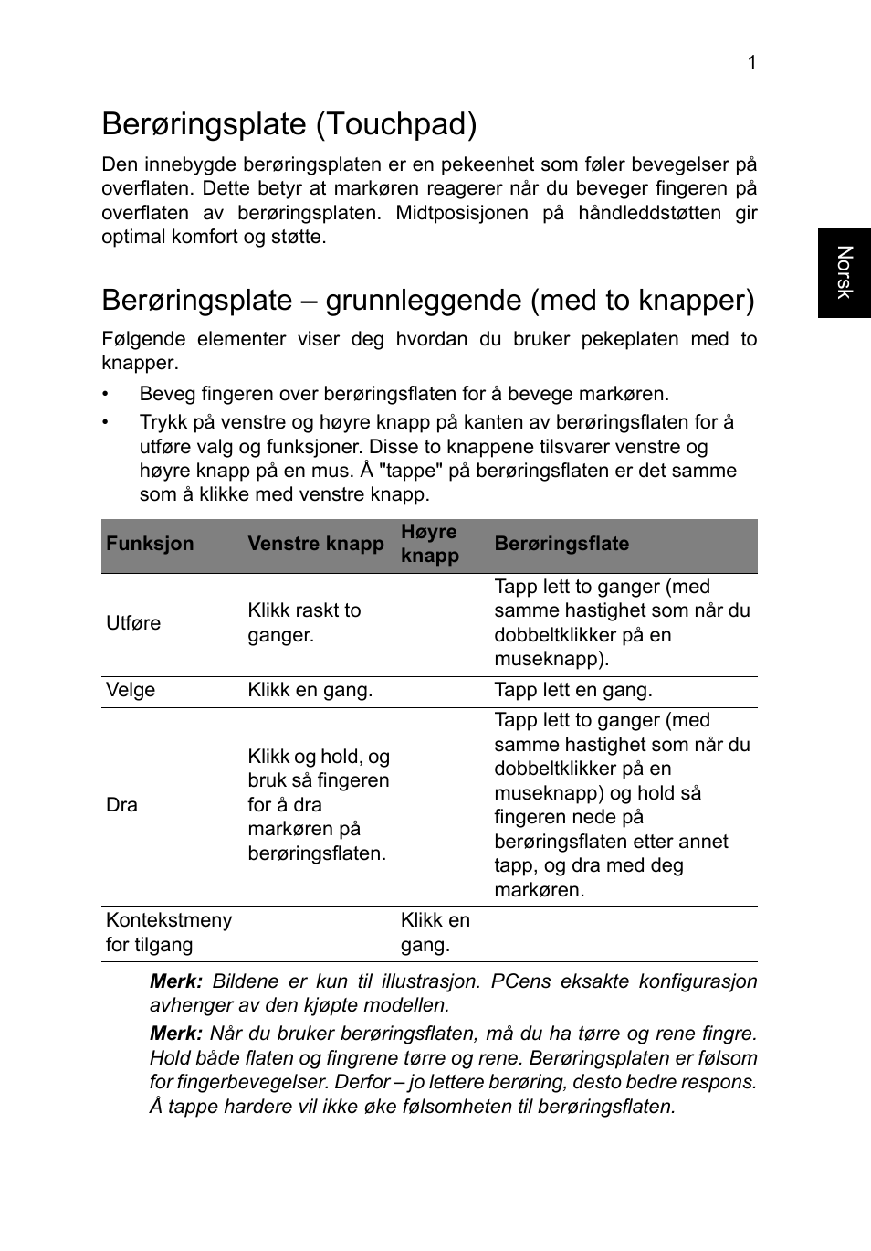 Berøringsplate (touchpad), Berøringsplate - grunnleggende (med to knapper), Berøringsplate – grunnleggende (med to knapper) | Acer TravelMate P253-MG User Manual | Page 675 / 2736