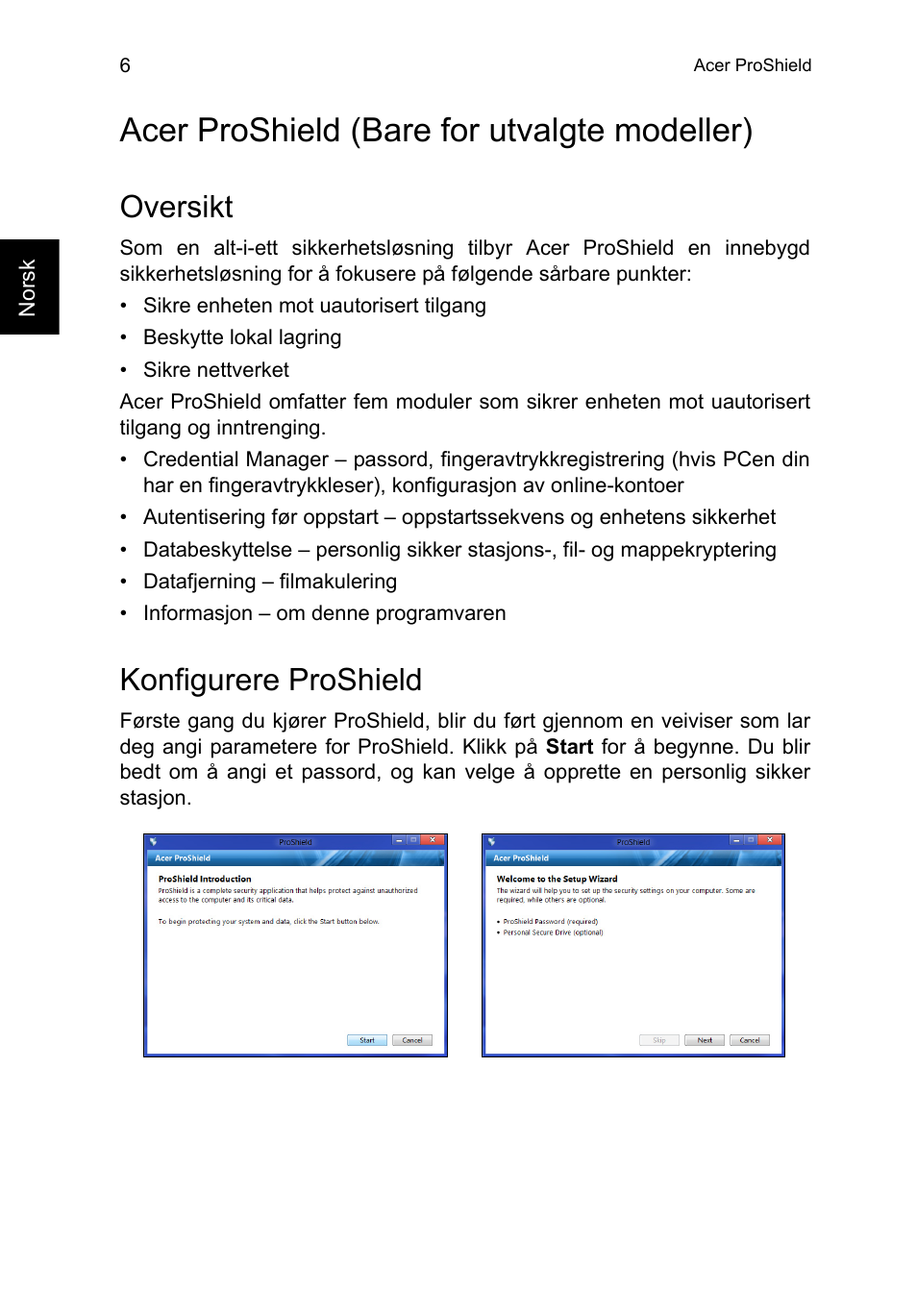 Acer proshield, Oversikt, Konfigurere proshield | Acer proshield (bare for utvalgte modeller) | Acer TravelMate P253-MG User Manual | Page 680 / 2736