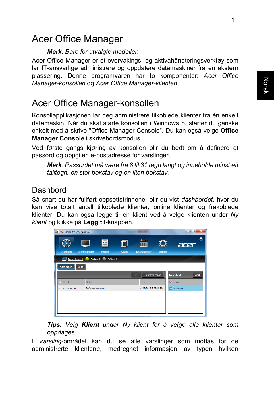 Acer office manager, Acer office manager-konsollen, Dashbord | Acer TravelMate P253-MG User Manual | Page 685 / 2736