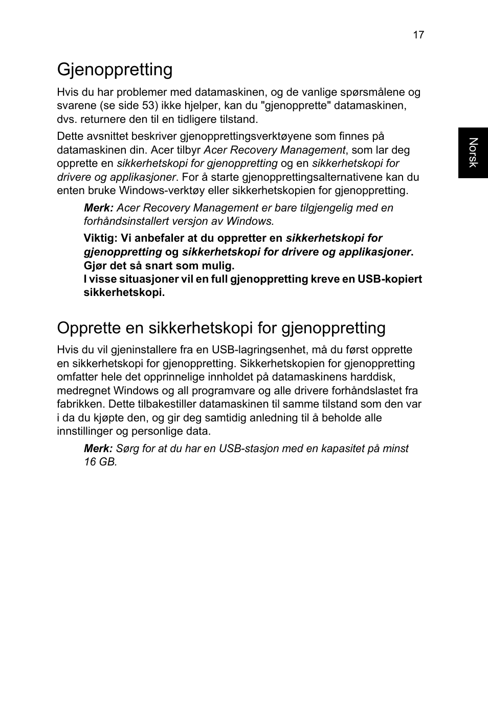 Gjenoppretting, Opprette en sikkerhetskopi for gjenoppretting | Acer TravelMate P253-MG User Manual | Page 691 / 2736