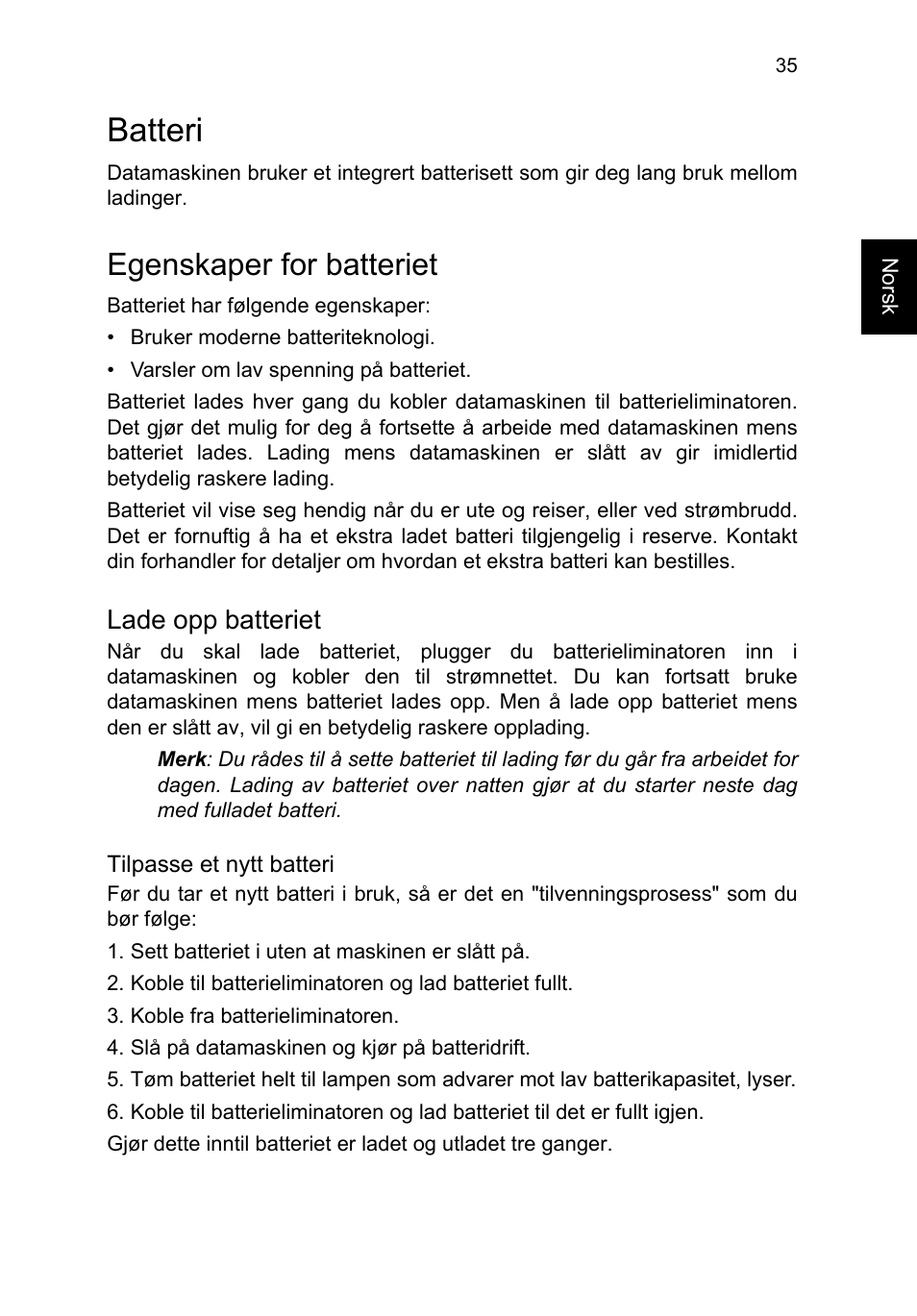 Batteri, Egenskaper for batteriet, Lade opp batteriet | Acer TravelMate P253-MG User Manual | Page 709 / 2736