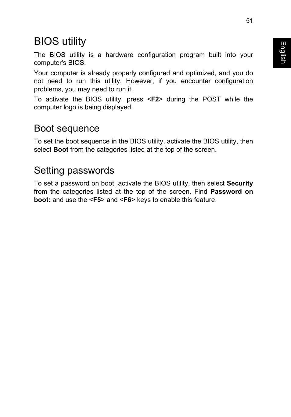 Bios utility, Boot sequence, Setting passwords | Enable disk-to-disk recovery | Acer TravelMate P253-MG User Manual | Page 71 / 2736