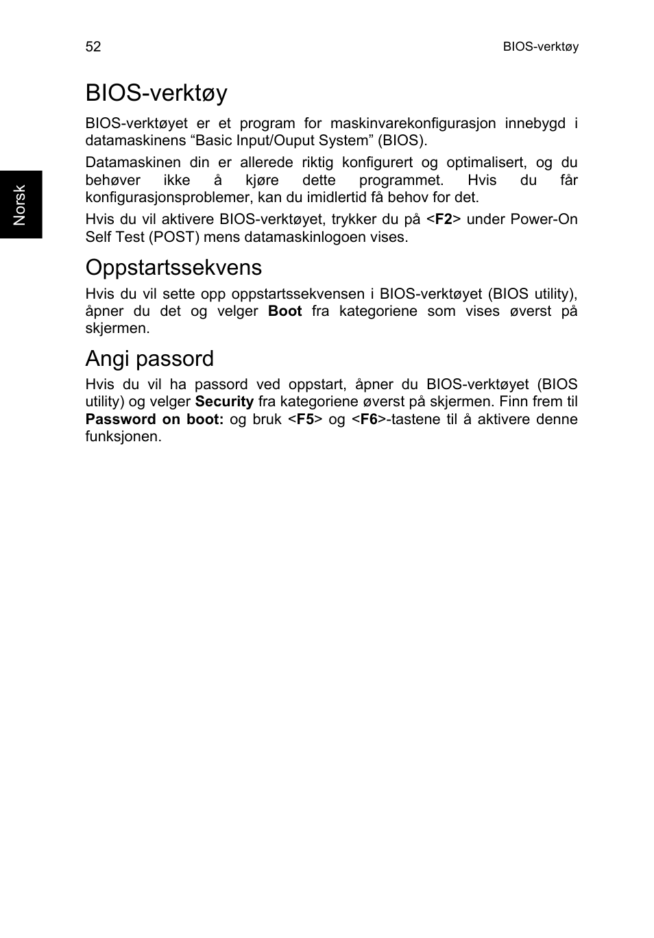 Bios-verktøy, Oppstartssekvens, Angi passord | Aktiver disk to disk recovery (diskgjenoppretting) | Acer TravelMate P253-MG User Manual | Page 726 / 2736