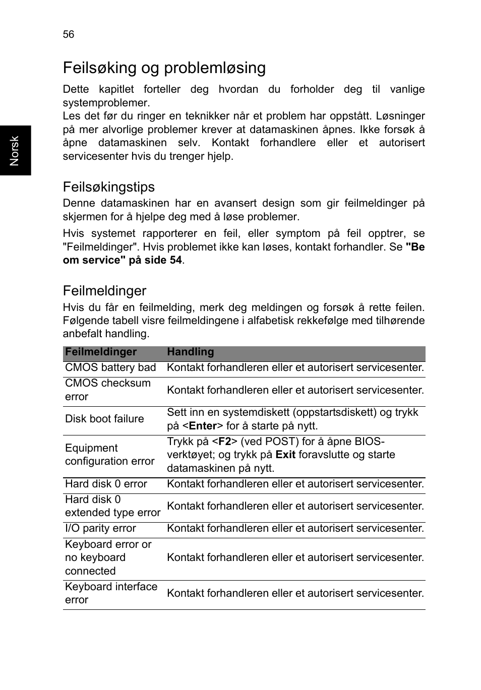 Feilsøking og problemløsing, Feilsøkingstips, Feilmeldinger | Acer TravelMate P253-MG User Manual | Page 730 / 2736