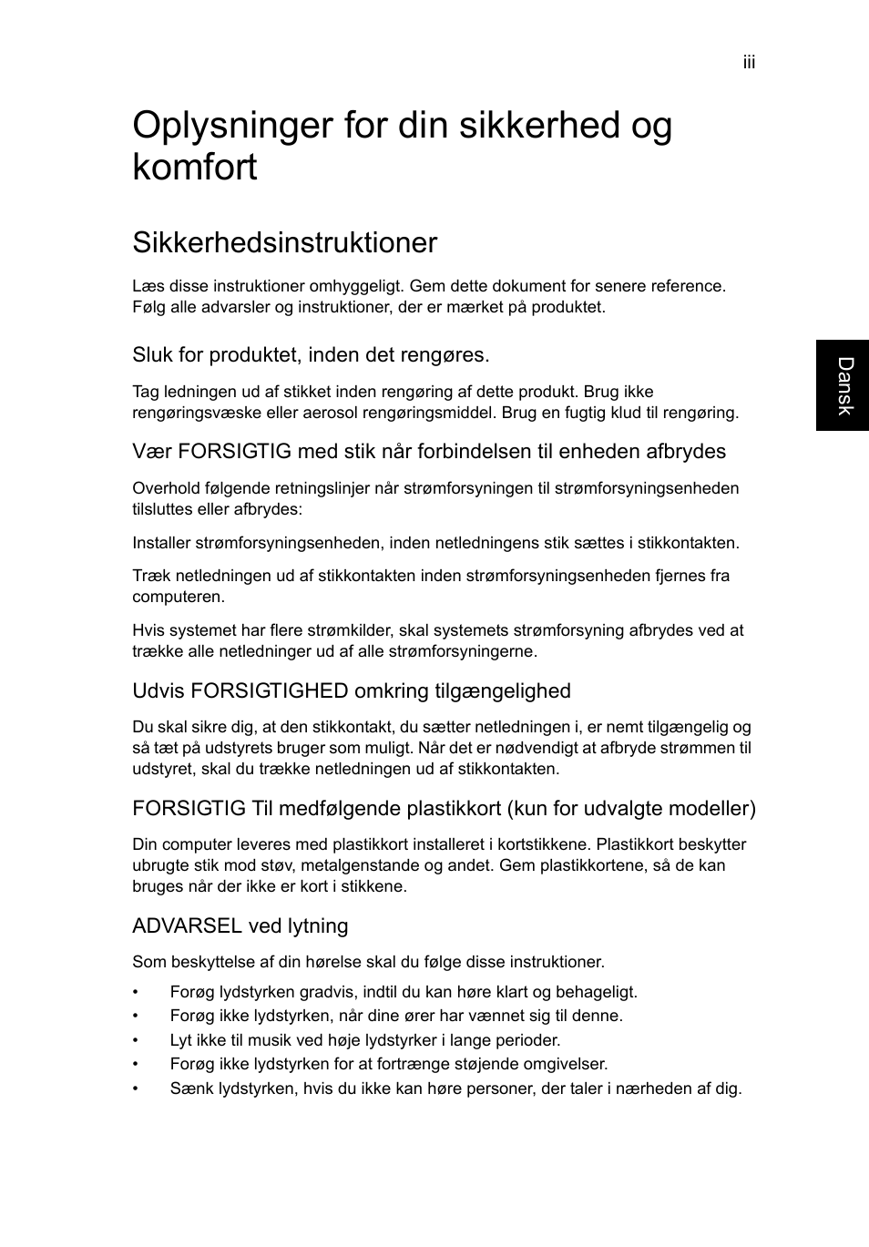 Oplysninger for din sikkerhed og komfort, Sikkerhedsinstruktioner | Acer TravelMate P253-MG User Manual | Page 745 / 2736