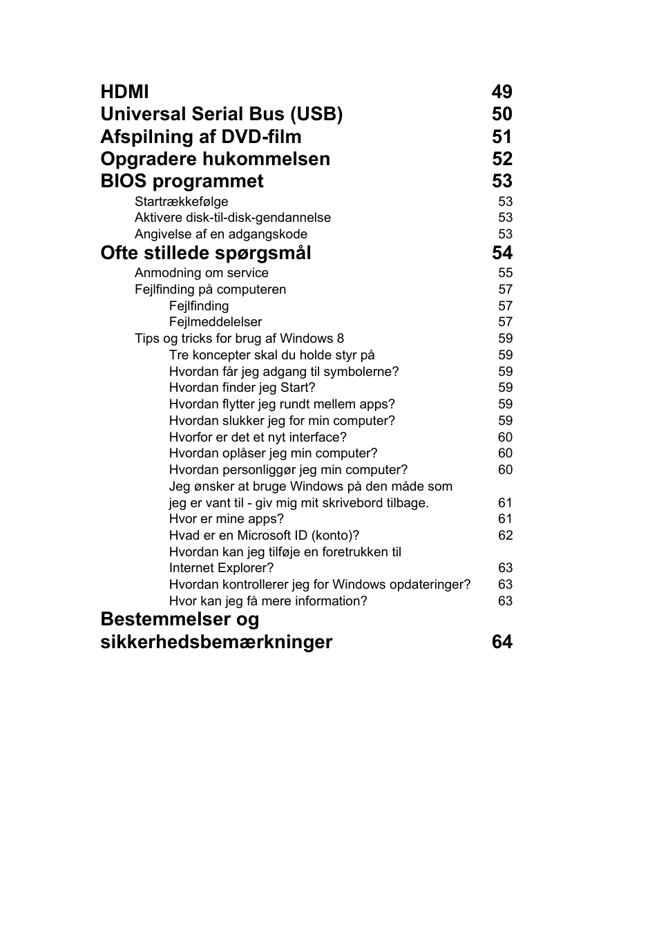 Ofte stillede spørgsmål 54, Bestemmelser og sikkerhedsbemærkninger 64 | Acer TravelMate P253-MG User Manual | Page 761 / 2736